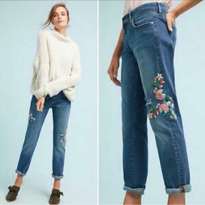 Anthropologie Pilcro Flower Embroidered Jeans Womens 29 Boho Boyfriend Floral